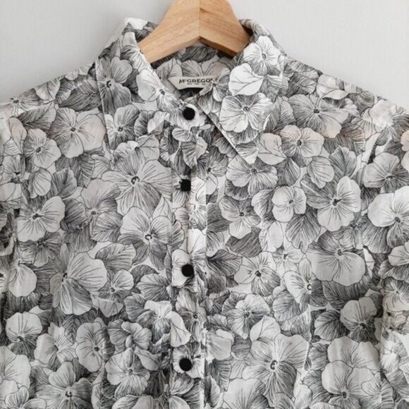 McGREGOR 100% Cotton Semisheer Button Down Shirt Floral B&W Sz S - Picture 3 of 12